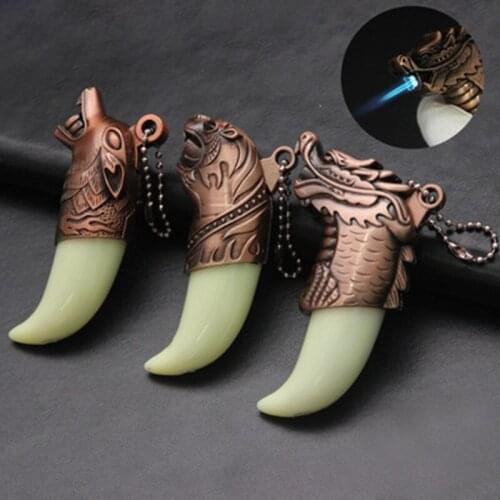 Cool Windproof Butane Lighter Creative Metal Carving Tiger Tooth Flameless Direct Lighter Smoking Accessories Gift for Men