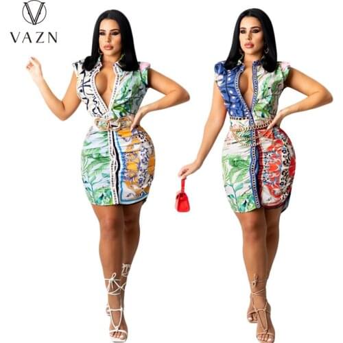 VAZN 2021 Hot List Elegant Lady Fancy Young Lady Print Mini Dress Retro Sleeveless Young Vestidos For Female