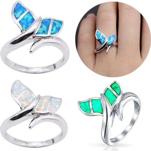 Fashion Whale Tail Design Rings Cute Blue Fire Opal Ring For Women Ring Jewelry Bohemian Statament Party Best Christmas Gift
