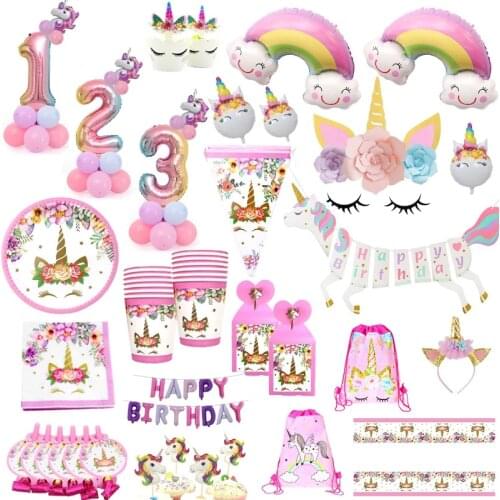 Unicorn Party Supplies Kids Birthday Decor Disposable Tableware Set Paper Plates Cup Banner Party balloon Baby Shower Girl gift