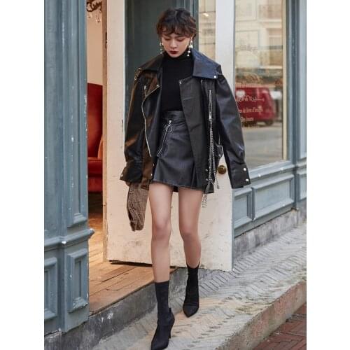 New Womens PU Leather Loose Short Jacket Lapel Motorcycle Coats Moto Biker Style Outwear Chains Black Apricot S254