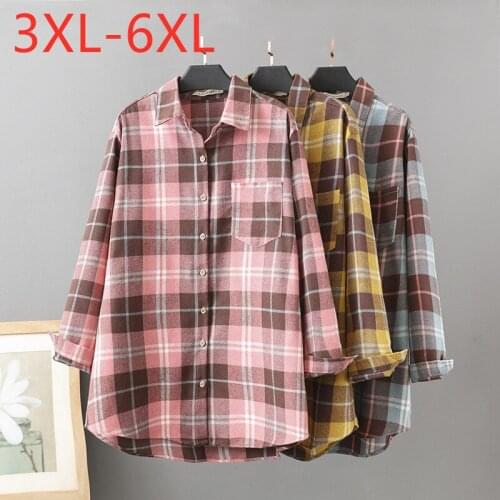 New 2021 Ladies Spring Autumn Plus Size Top For Women Large Long Sleeve Loose Casual Pocket Cotton Plaid Shirt 3XL 4XL 5XL 6XL