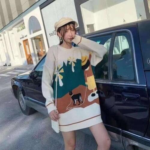 Autumn and winter cartoon sweater mid-length loose-fitting knit jacket casual fashion long-sleeved round neck pullover all-match