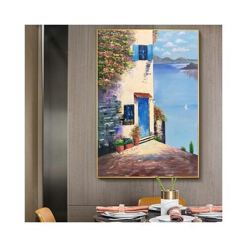 Hand painted European Mediterranean landscape painting wall oil painting villa aisle mural porch vertical decorative painting