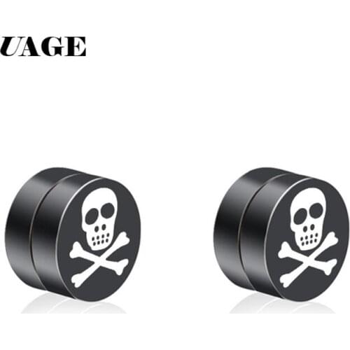 UAGE White Black Magnetic Magnet Ear Stud Pirate Skull Stud Earrings For Women Men Earrings Clip On No Ear Hole Gift 1 Pair