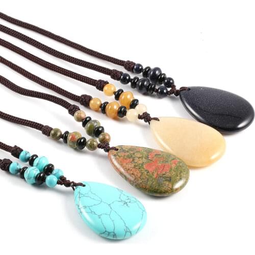 Natural Stone Jewelry Agates Crystal Necklace with Vintage Rope Drop-Shape Turquoises Opal Pendant Necklaces Charms for Women