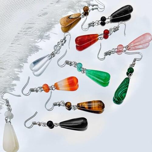 Bohemian Natural Stone Dangle Earrings Silver Alloy Metal Ear Hook Healing Crystal White Jade Conical Earrings for Women Jewelry