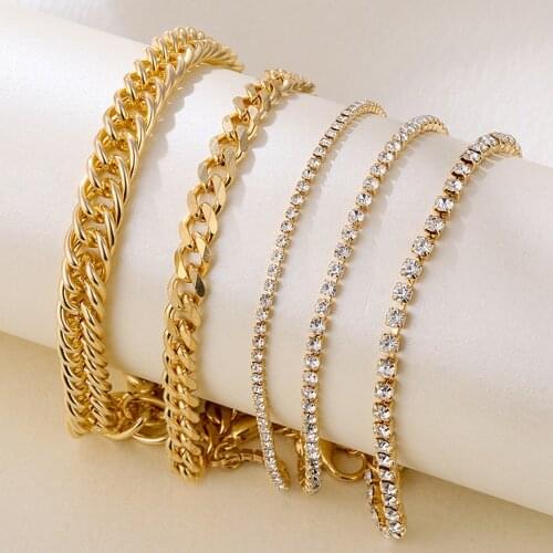 Punk Crystal Chain Metal Twist Chain Bracelet Set Statement Womens Heavy Metal Thick Chain Crystal Charm Bracelet Jewelry Gift