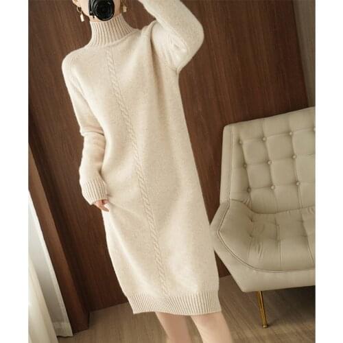 Ladies pullovers 2021 winter new casual solid color long 100% wool sweater turtleneck cashmere sweater padded ladies top dress