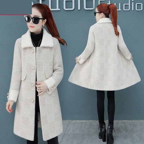 2019 Korean style Fashion womens coats Autumn winter New grid Mink wool coat high quality Long sleeve warm wool coat women 2031