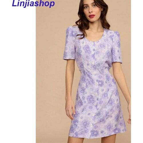 Women Dress 2021 Summer Flower Before The Button After The Band Round Collar Floral Print Waist Show Thin Short Dress Women