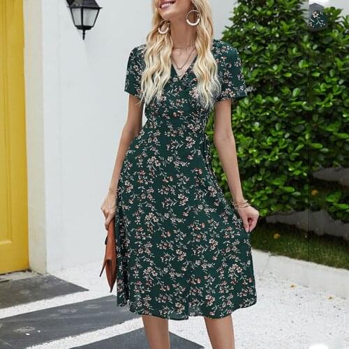 Summer Floral Printed Beach Dress Women Boho Short Sleeve V Neck Split Elegant A Line Party Holiday Dress Casual Robe Plus Size
