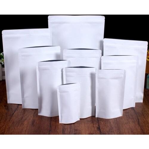 100pcs Thick Reclosable Stand Up White Kraft Paper Bag Moisture-proof Ziplock Aluminum Foil Kraft Package Bags For Tea Snack