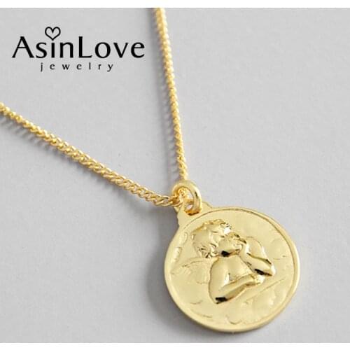 AsinLove Vintage 18K Gold Cupid Medal Necklace Creative European and American Style Round Tag 925 Silver Jewelry for Female