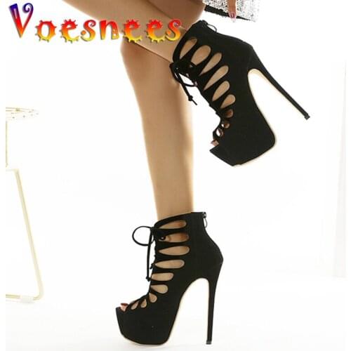 Voesnees Women Shoes Sandals Summer 2021 black Platform Cross-Tied High Heels 16cm Peep Toe Thin Heels Female pole dance Shoes