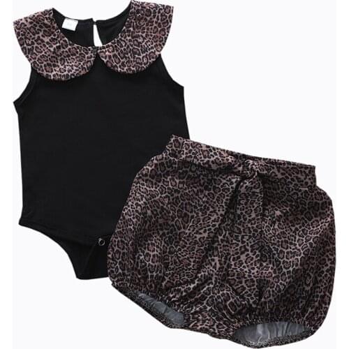 Baby Girl Clothes Set Fashion Summer 3-Piece Set Sleeveless Doll Collar Tops + Leopard Print Shorts Headband Infant Clothing Set