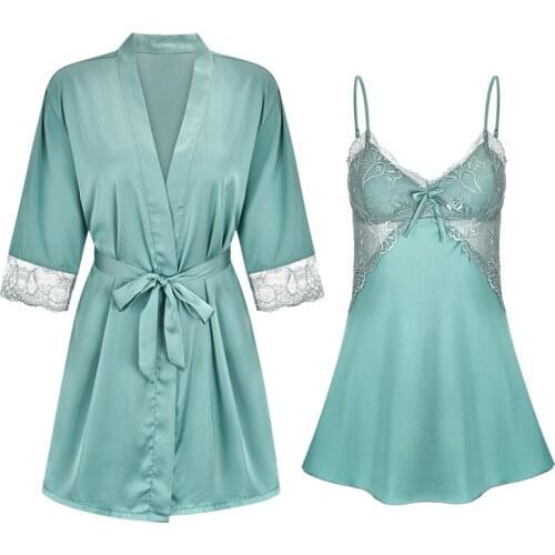 Lake Blue Women 2PCS Robe Set Bride Dressing Bathrobe Gown Sexy Lace Kimono Nightdress V-Neck Sleepshirt Summer Casual Home Wear