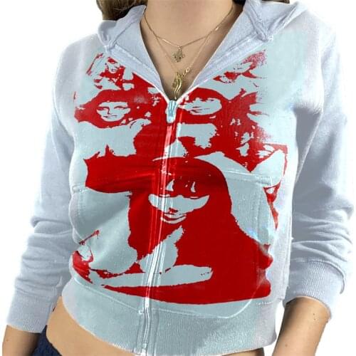 Hirigin Portrait Graphic Print Zipper Hooded Sweatshirt 90s Vintage Harajuku Casual Zip-up Pullovers Y2K Summer Tops Streetwear