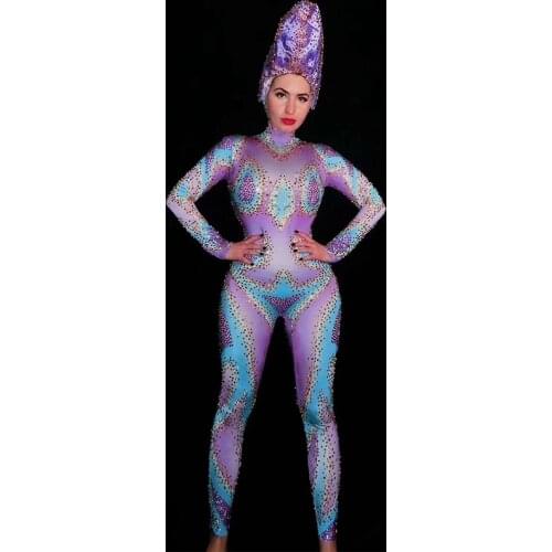 Nightclub Sexy Color Rhinestone Hat Tight Jumpsuit Cosplay Clothing Club GoGo Rave Clothes Bar DJ Leading Dnace Costume DJ540