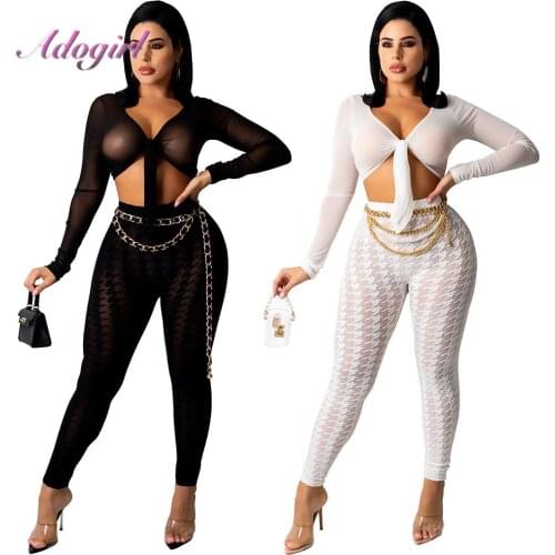 Casual Houndstooth Shher Mesh Two Piece Set Women Solid Long Sleeve Lace Up Crop Tops See Through Pants Party Club Matching Sets