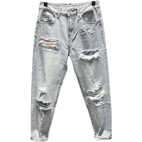 Summer holed cropped straight fit beggars HK Style Harem Pants cropped casual pants distressed baggy jeans mens loose jeans