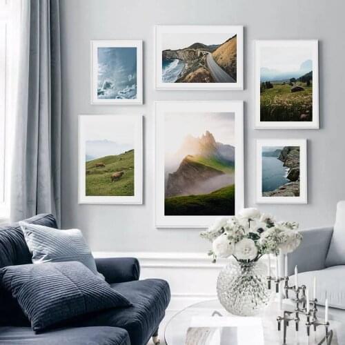 Mountain Lake Highland Cow Pictures Nature Scandinavian Posters Nordic Decoration Coastline Sky Prints Wall Art Canvas Painting