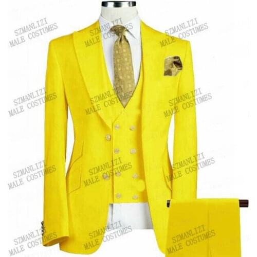 Latest Coat Pants Design Yellow Mens Blazer Slim Fit 3 Pieces Set Groom Male Dress Custom Prom Men Wedding Suits Costume Homme
