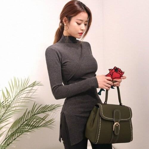 GGRIGHT Autumn Winter Women Turtleneck T Shirt Tees Asymmetrical T-Shirts Female Solid Color Long Sleeve Shirt Tops Black Gray