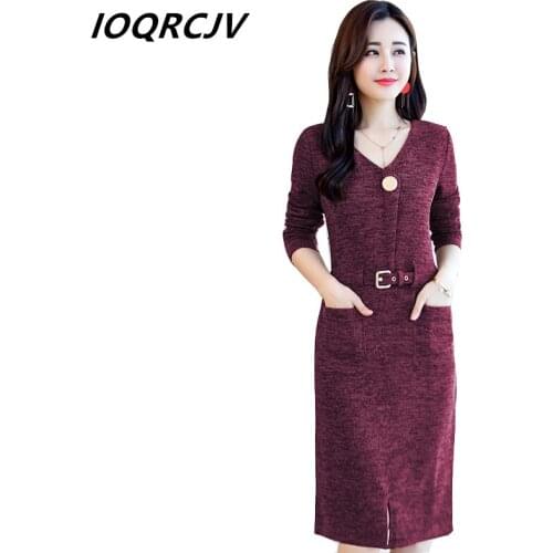 Spring Autumn Women Knit Dress fashion Casual Long-Sleeve A-Line V Neck Solid Midi Knit Pullover Dress Vestidos Feminino