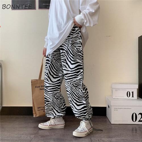 Casual Pants Women Streetwear Baggy Daily Korean Style Autumn Elastic Waist BF Popular Fashion All-match Zebra-print Pantalones