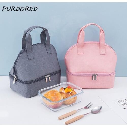 PURDORED 1 Pc 2 Layers Solid Color Women Lunch Bag Food Picnic Cooler Bag Insulated Lunch Bags Portable Student Breakfast Pouch