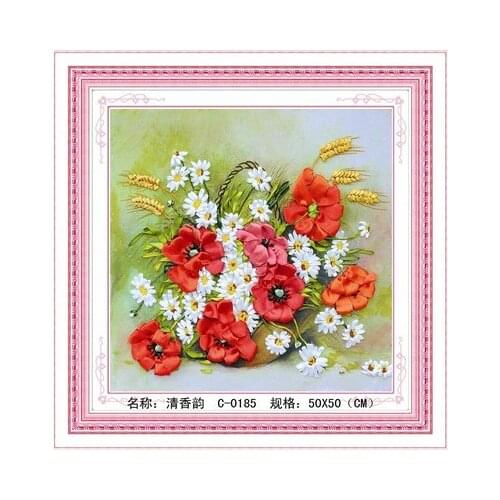 Needlework,DIY Ribbon Cross stitch Set for Embroidery kit,Beautiful red flower ribbon Cross-Stitch Paint wall wedding decor