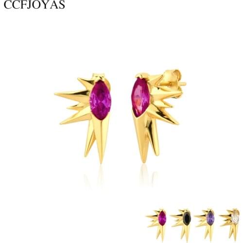 CCFJOYAS Europen and American Punk awl 925 Sterling Silver Stud Earrings Simple Purple/white/black/rose red color Zircon Studs