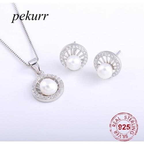 Pekurr 925 Sterling Silver Zircon Sunrise Round Freshwater Natural Pearl Earrings Necklace Sets For Women Pendant Party Jewelry