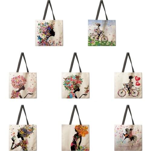 Folding shopping bag beautiful lady printed bag lady shoulder bag female leisure handbag outdoor beach bag female handbag