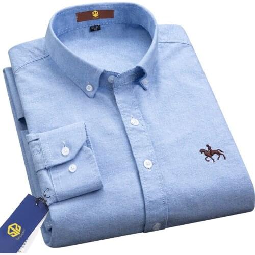 SOONERY 100% Cotton Oxford Shirts Men Long Sleeve Embroidered Horse Casual Plaid Solid Color Striped Shirt Plus Size Slim Tops