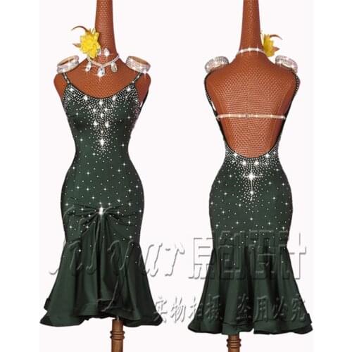 New Latin Dance Dress Latin Skirt Competition Dress Costumes Performing Dress Sparkly Rhinestones Customize Children Dark Green