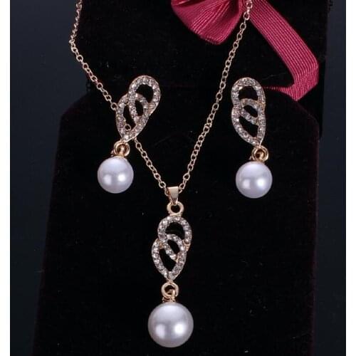 European Wedding parties jewelry new fashion alloy 8-word double ring imitation pearl crystal set Jewelry alloy necklace earring