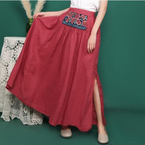 2021 Summer New Chinese Style Womens Literary Retro Disc Buckle Slit Cotton And Linen Embroidered Skirt Long Mujer Faldas zh516
