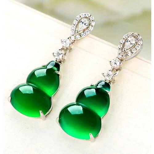 Onyx stone Green jade dangle drop women earrings emerald gemstone zircon diamonds white gold silver color party jewelry gifts