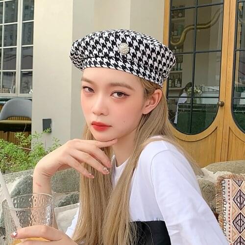 Hound-tooth Check Beret For Women Autumn Rhinestones Fashion Hepburn Style Modern Luxury Hats Autumn Shopping Outdoor New Ladies