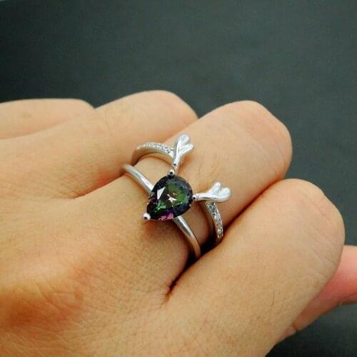Fine 925 Sterling Silver Women Rings Set with Rainbow Mystic Topaz Stone Rings Elk Deer head Open Ring Band for Birthday Gift