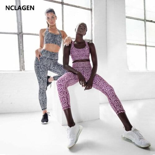 Women Sportwear Fitness suit High Elastic 2 piece yoga Set Gym Print Pocket Open Back Bra Pants Sport Outfit Workout Tracksuit