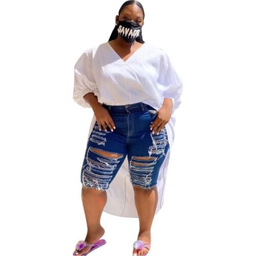 Plus size XL-4XL Knee Length Denim Women Retro Solid Hole Jeans Ripped Pencil Trousers Street Skinny High Waist Lady Pants