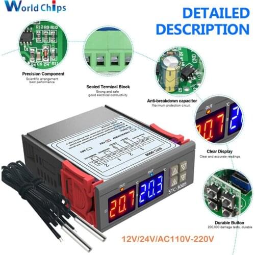 Dual Digital Temperature Controller Two Relay Output Thermostat Thermoregulator 10A Heating Cooling STC-3008 12V 24V 110V 220V