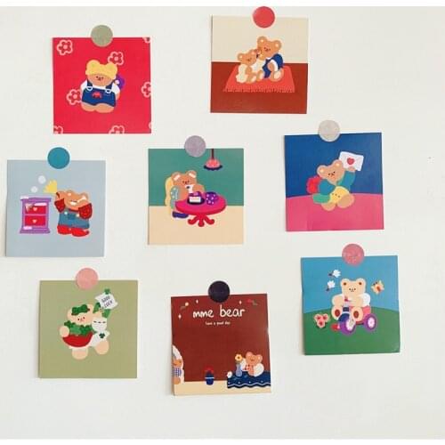 Cartoon Illustration Cute Bear Decorative Card Korean Ins Postcard Kawaii Wall Sticker Greeting Card 8 Sheets Square Writable