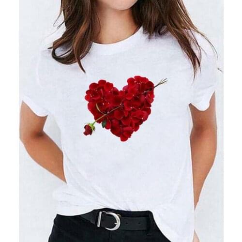 Fashion Flower Sweet Love Valentine T Shirt Women Tops Elegant Summer Short Sleeve Tee Shirt Femme Casual T-shirt Camiseta Mujer