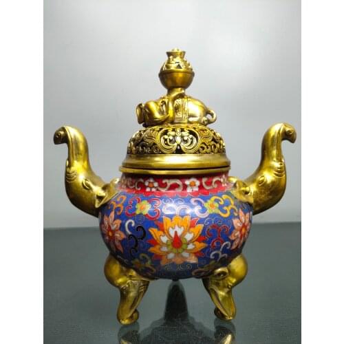 9"Chinese temple collection Old Bronze Cloisonne Enamel Elephant statue trunk Binaural Three-legged incense burner Ornaments