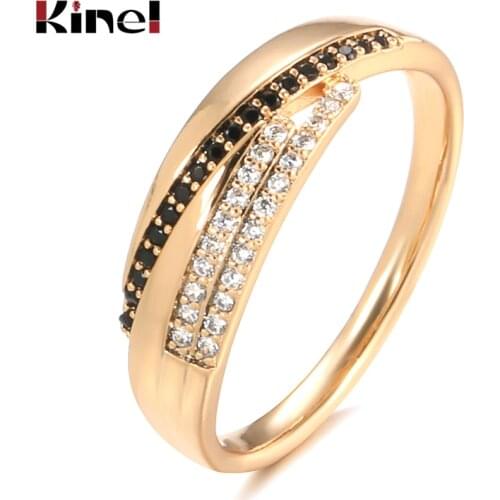 Kinel Fashion 3 Rows White Black Natural Zircon Rings for Women Luxury 585 Rose Gold Ring Vintage Wedding Fine Jewelry