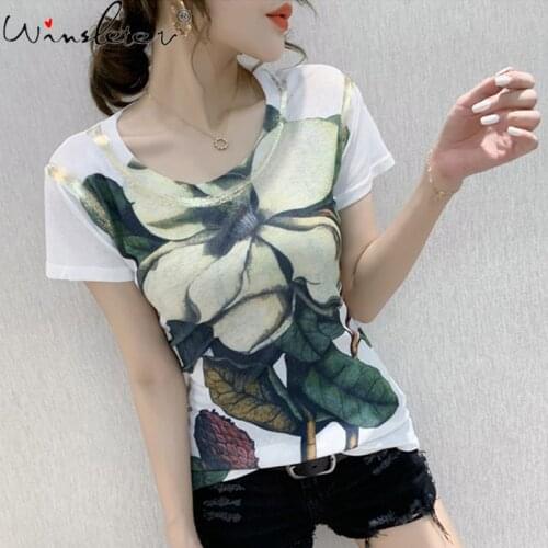 Summer European Clothes T-Shirt Print Gold Blocking Girl Fashion Women Tops Short Sleeve Casual Tees All Match New 2021 T14015A